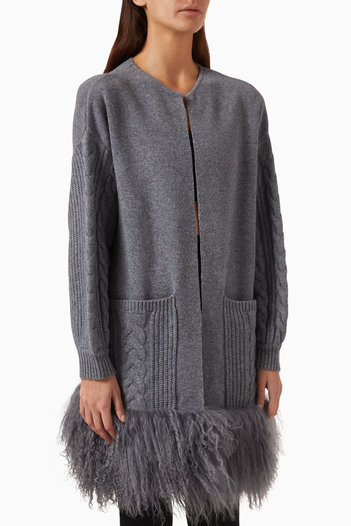 Shearling-trim Cable-knit Cardigan Coat in Merino Cashmere-blend, Grey