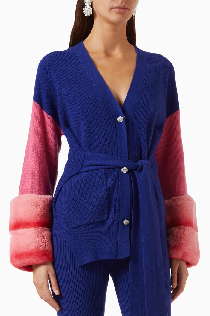 

Colour-block Rabbit Fur Belted Cardigan in Merino Wool, Multicolour