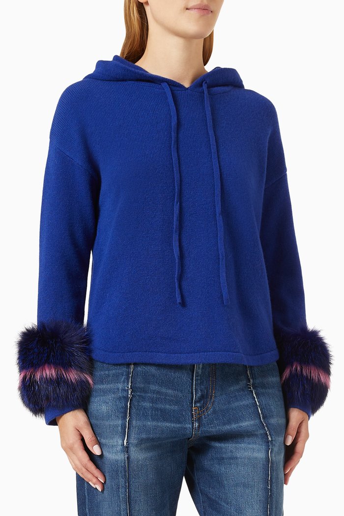 

Fox Fur Cuffs Hoodie in Merino Wool, Blue