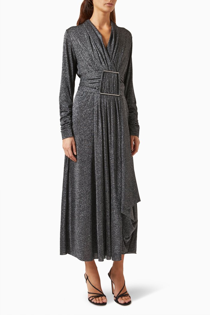 

Oversized Buckle Midi Dress in Metallic Fabric, Silver