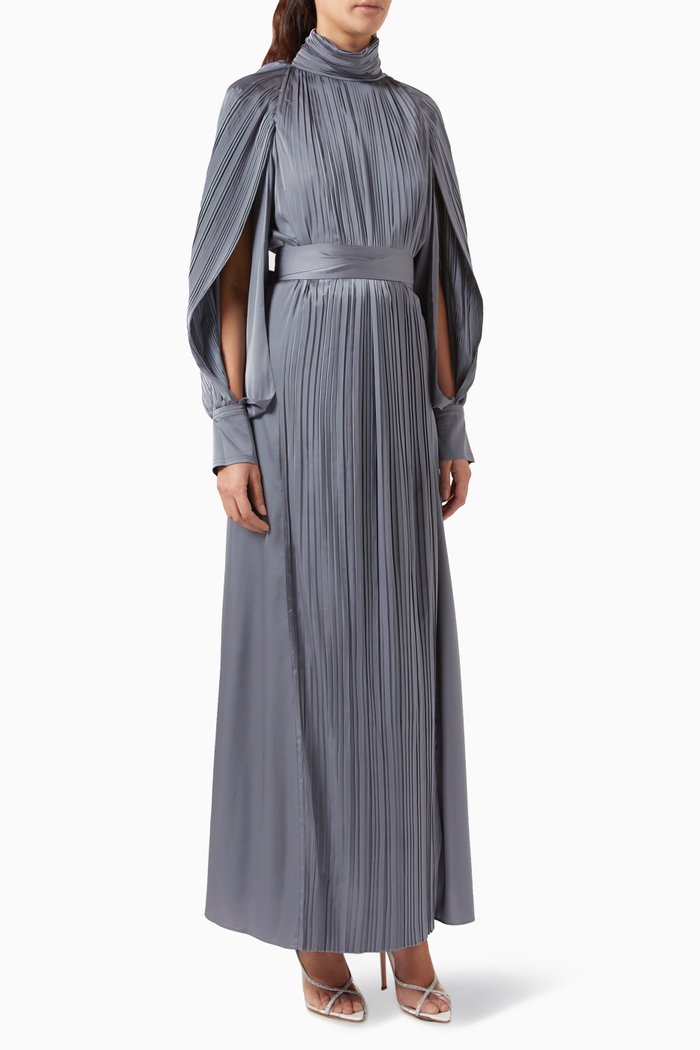 

Belted Pleated Maxi Dress in Satin, Grey