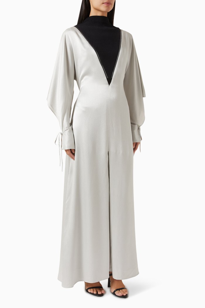 

Zipped Ribbed High-neck Kaftan in Satin, Neutral