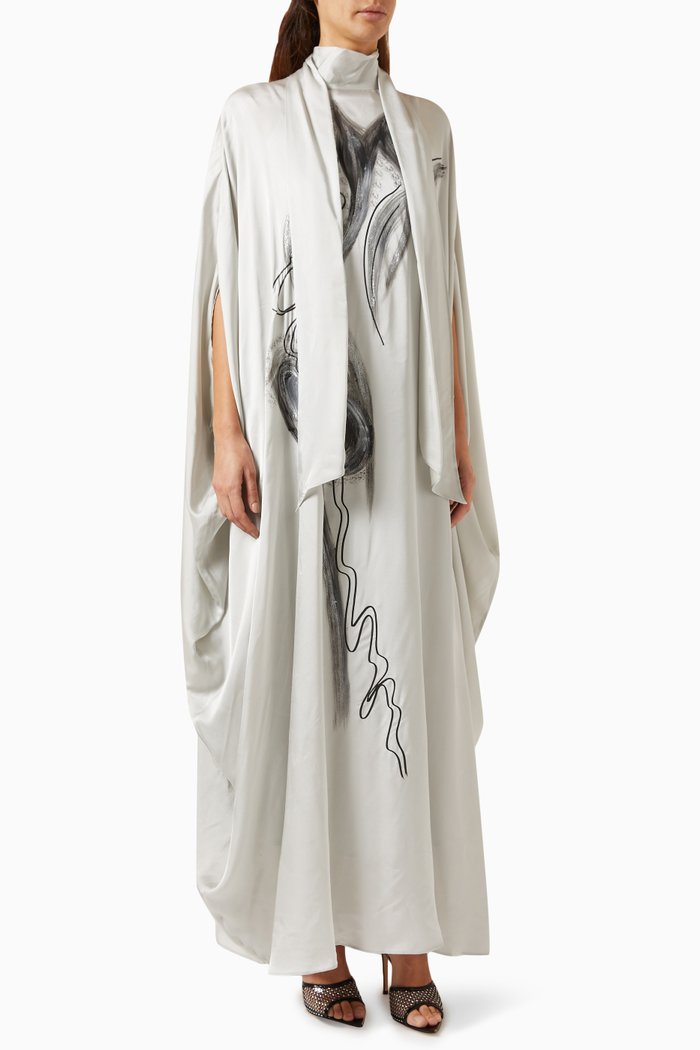 

Scarf-neckline Printed Maxi Dress in Satin, Neutral