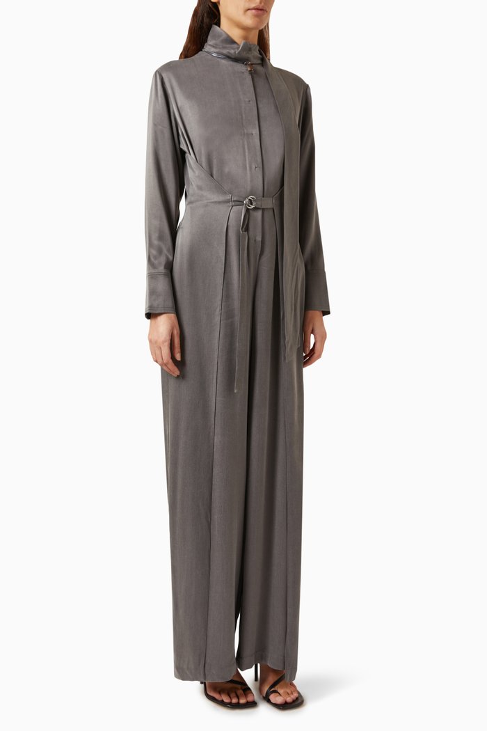 Scarf-neckline Jumpsuit in Satin, Grey