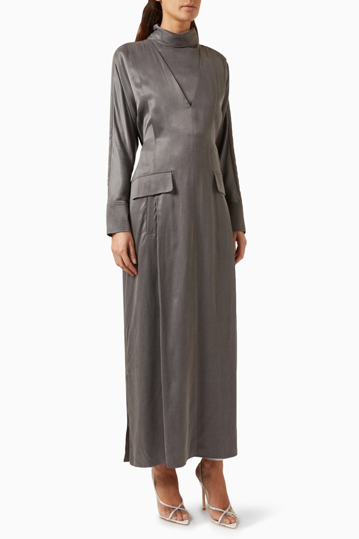 

Draped Belted Maxi Dress in Satin, Grey