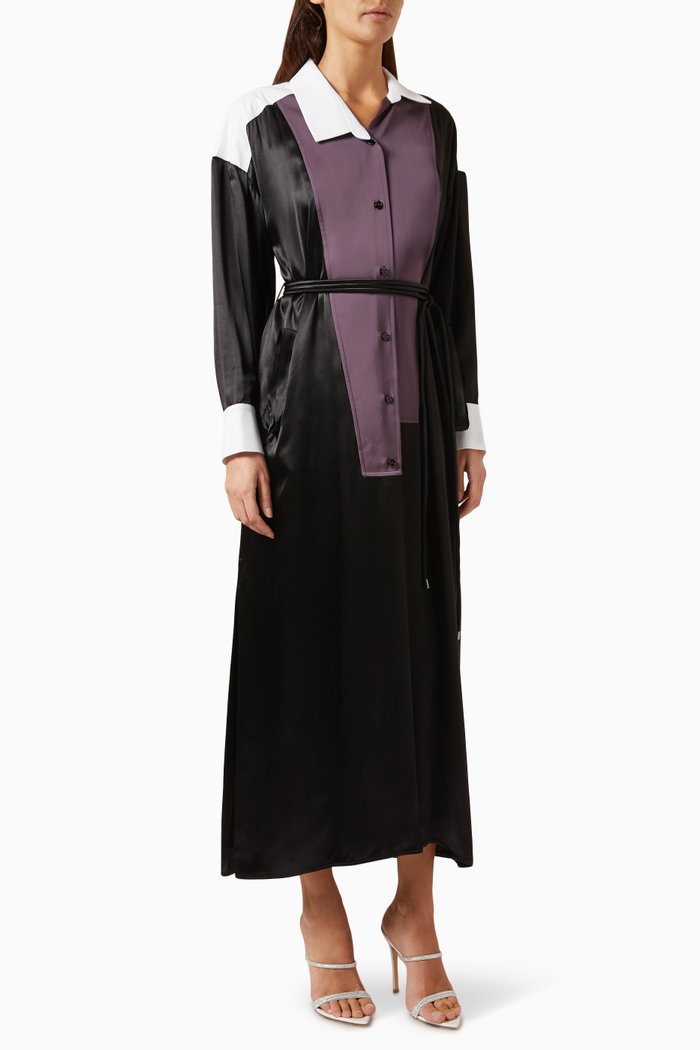 

Panelled Shirt Maxi Dress in Satin, Black