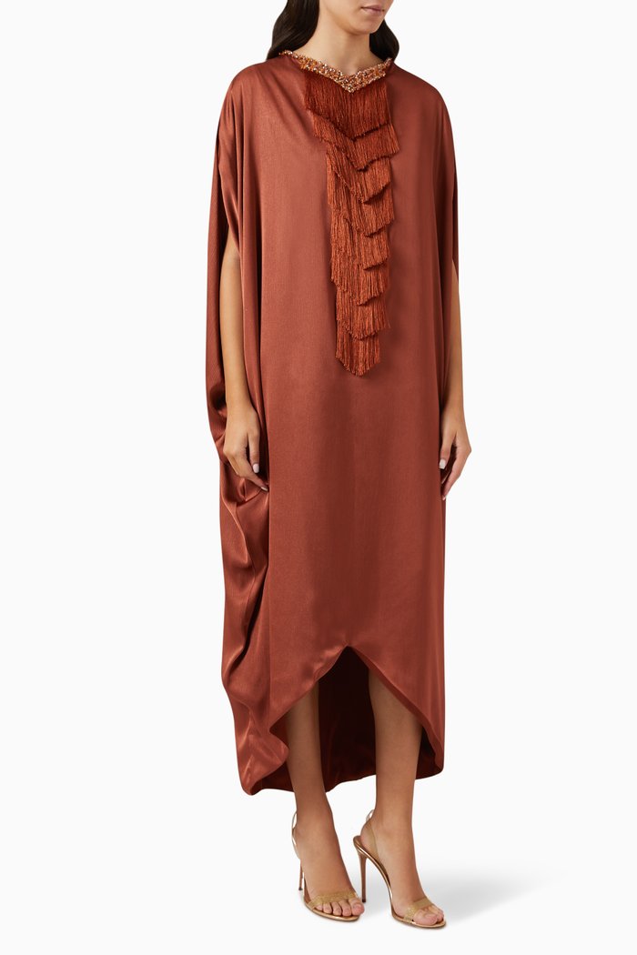 

Embellished Tiered Fringe Kaftan, Brown