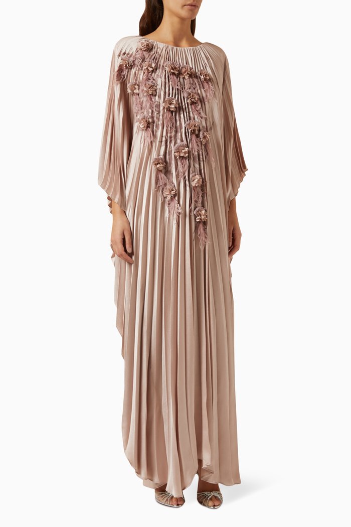 

Feather-embellished Pleated Kaftan, Neutral