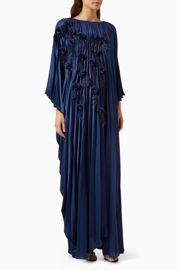 

Feather-embellished Pleated Kaftan, Blue
