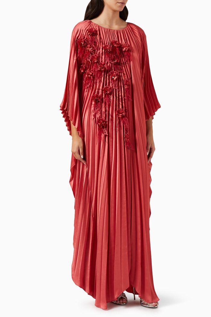 

Feather-embellished Pleated Kaftan, Pink