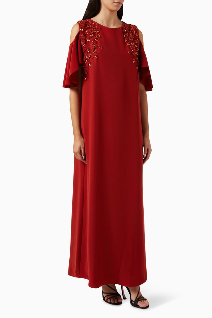 

Bead-embellished Cold-shoulder Kaftan, Red