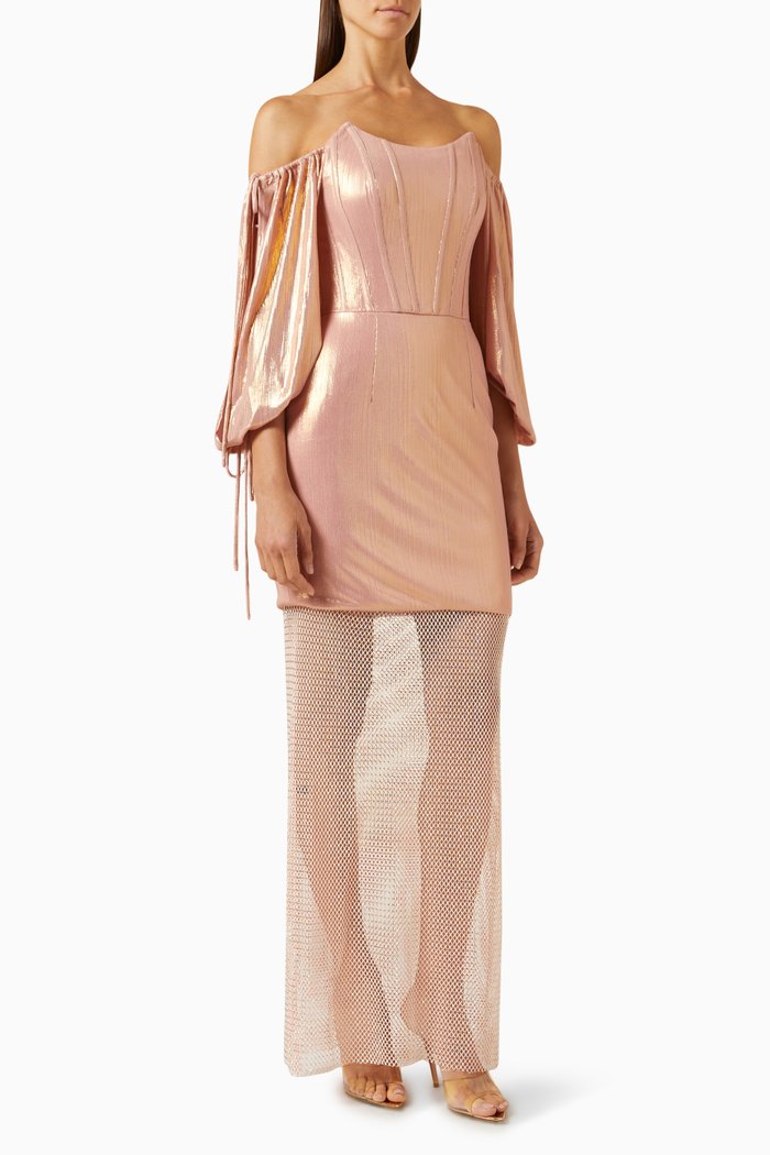 Off-shoulder Net Maxi Dress in Metallic-fabric, Pink
