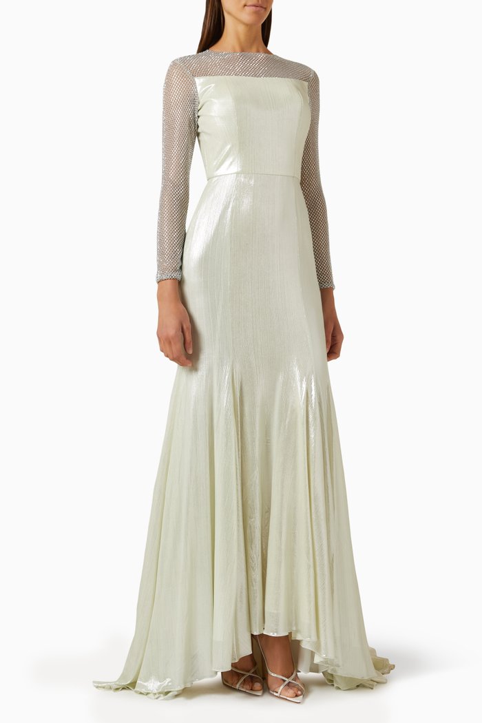 Rhinestone-net Maxi Dress in Metallic-fabric, Silver
