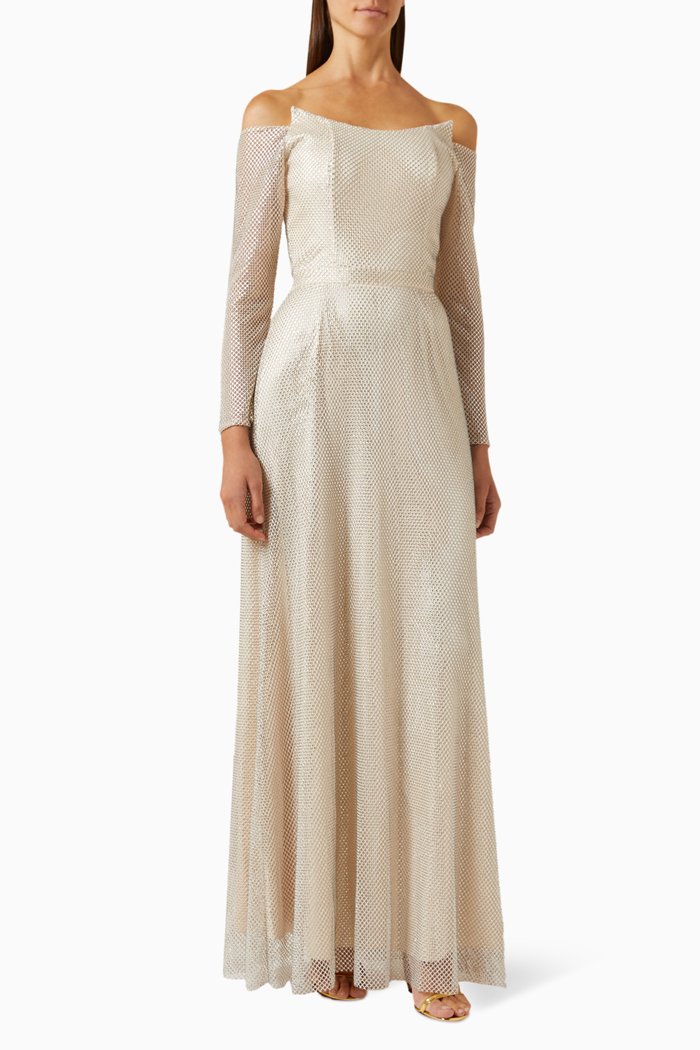 Off-shoulder Rhinestone-net Maxi Dress, Neutral