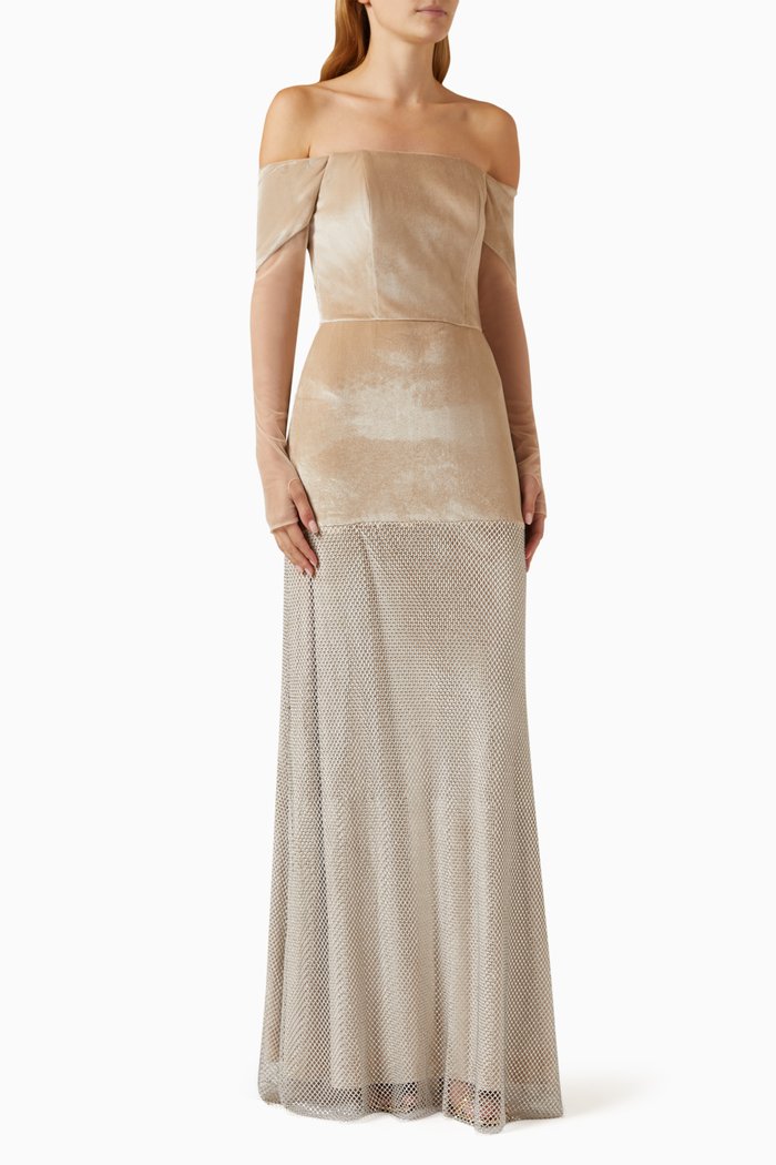 Off-shoulder Maxi Gown in Velvet & Tulle, Neutral