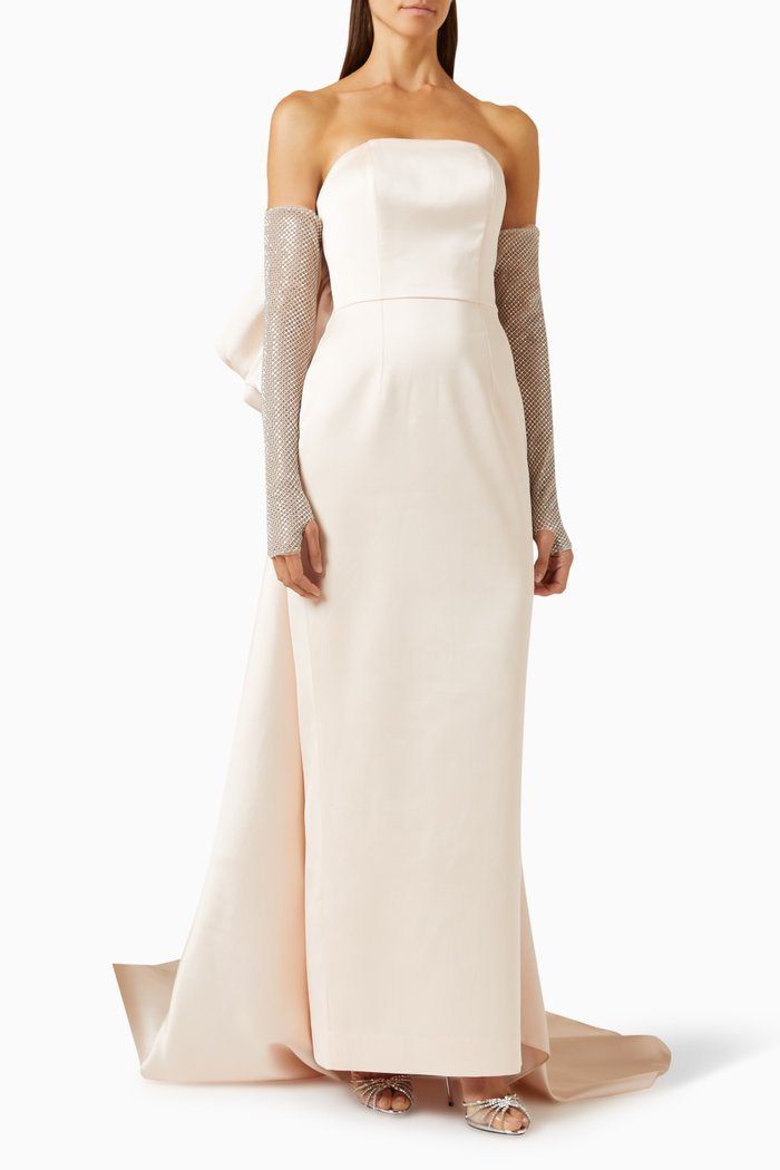 

Rhinestone-net Sleeves Off-shoulder Maxi Dress, Pink