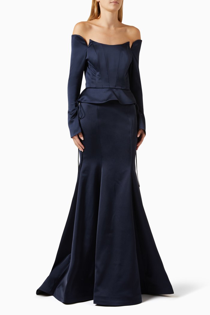 

Off-shoulder Mermaid Gown in Satin, Blue