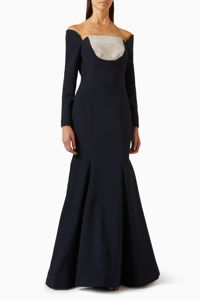 

Rhinestone Bodice Off-shoulder Mermaid Gown in Crepe, Blue