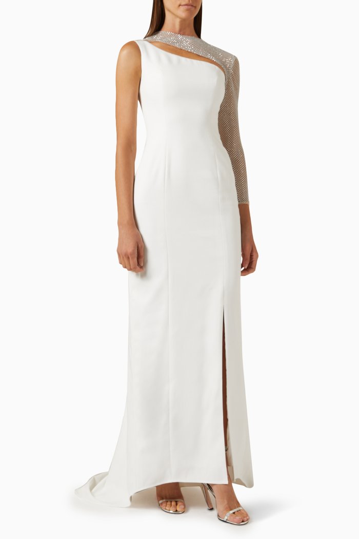 

Rhinestone One-shoulder Maxi Dress in Crepe, White