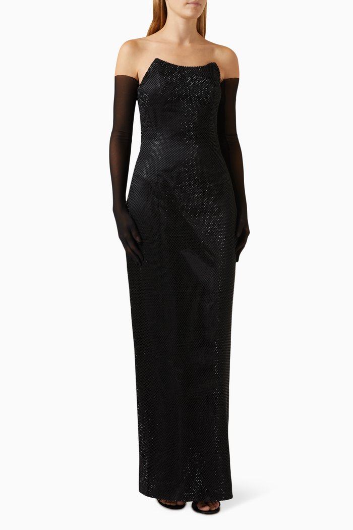 

Strapless Maxi Gown in Rhinestone Mesh, Black