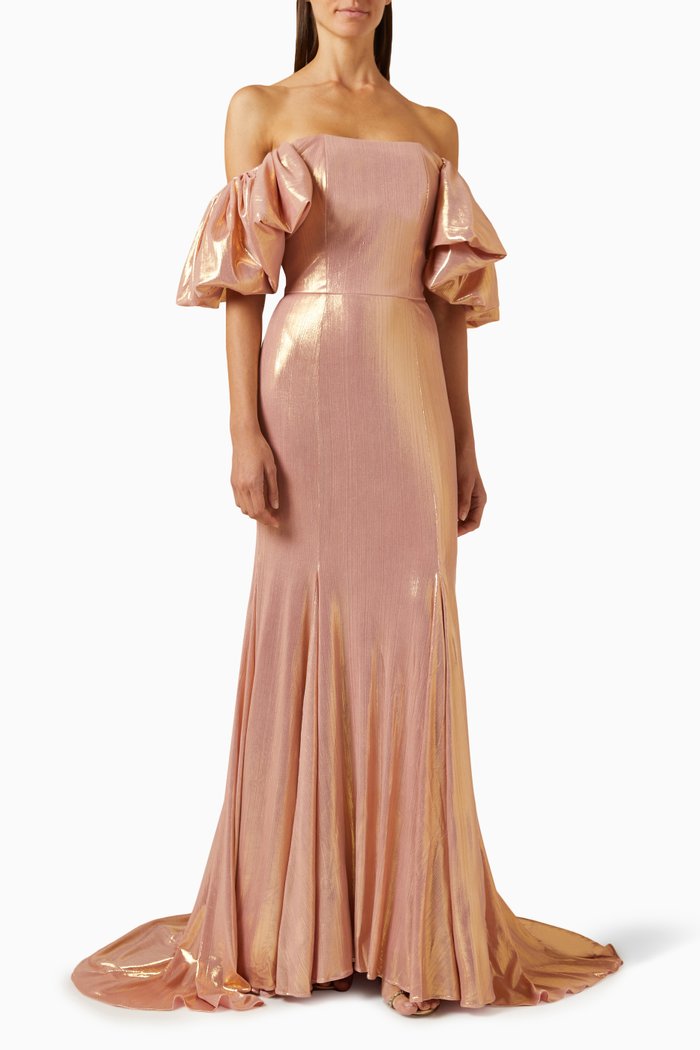 

Draped Off-shoulder Mermaid Gown in Metallic-fabric, Pink