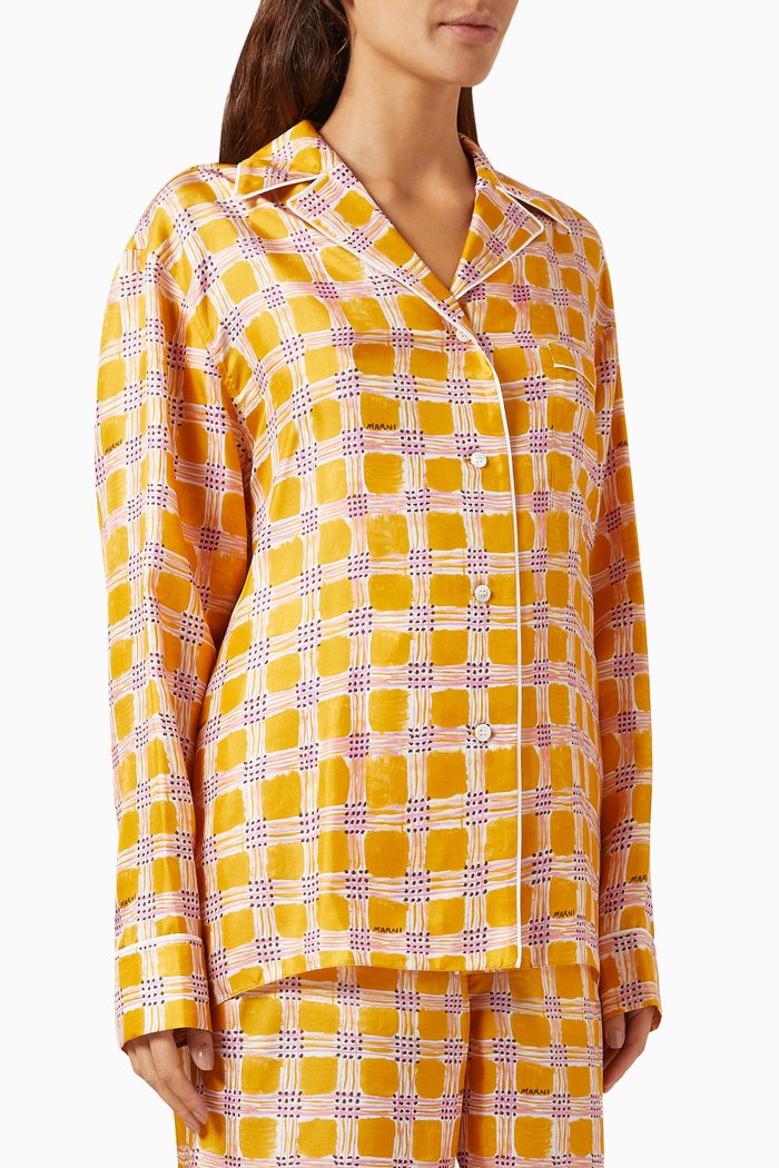 Check Fields Pyjama Shirt in Silk Twill, Yellow