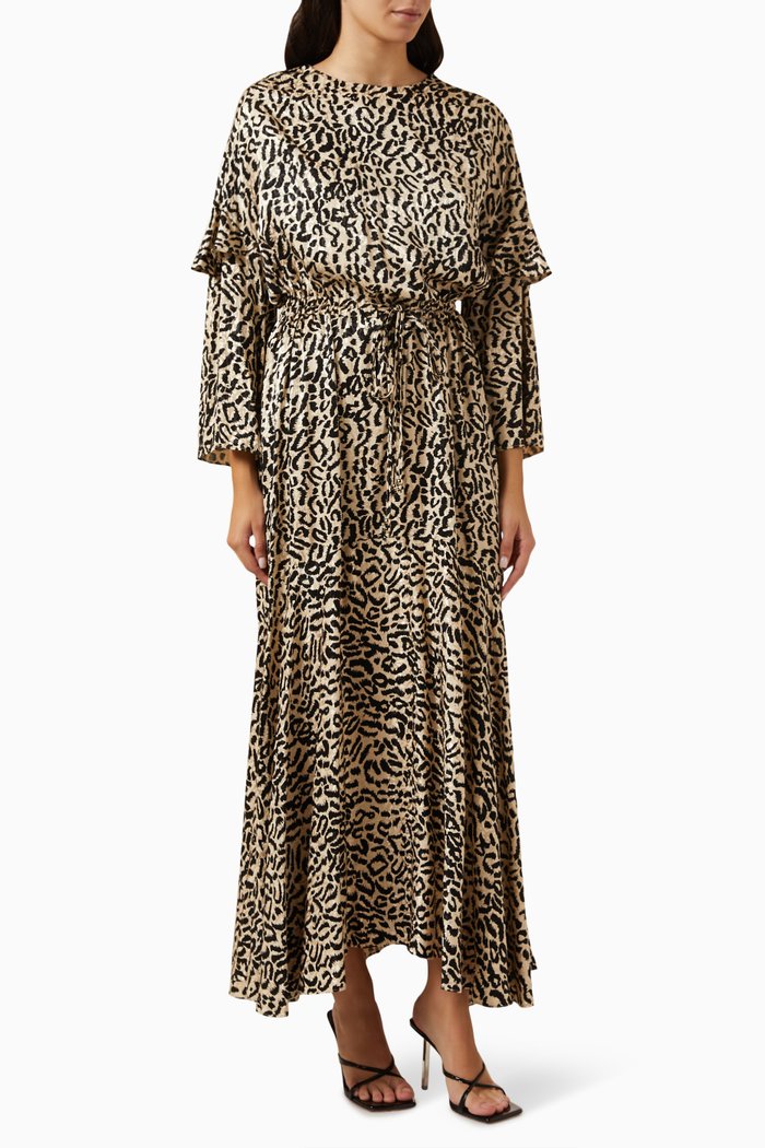 

Leopard-print Drawstring Maxi Dress in Satin-jacquard, Brown