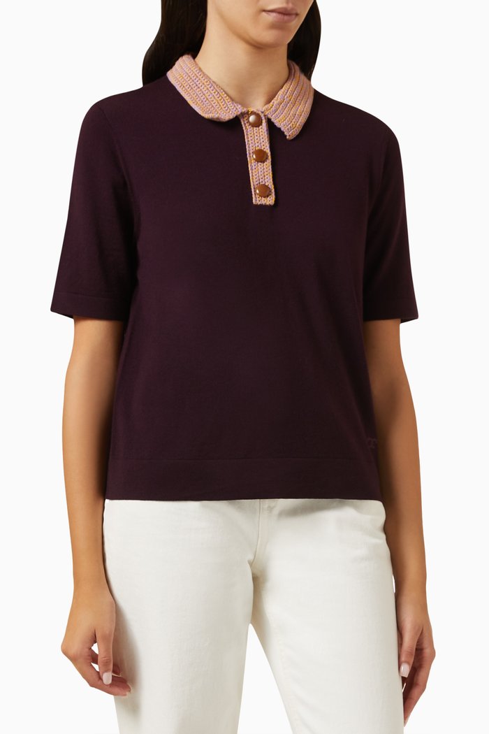 

Crochet-collar Polo Shirt in Knit, Purple