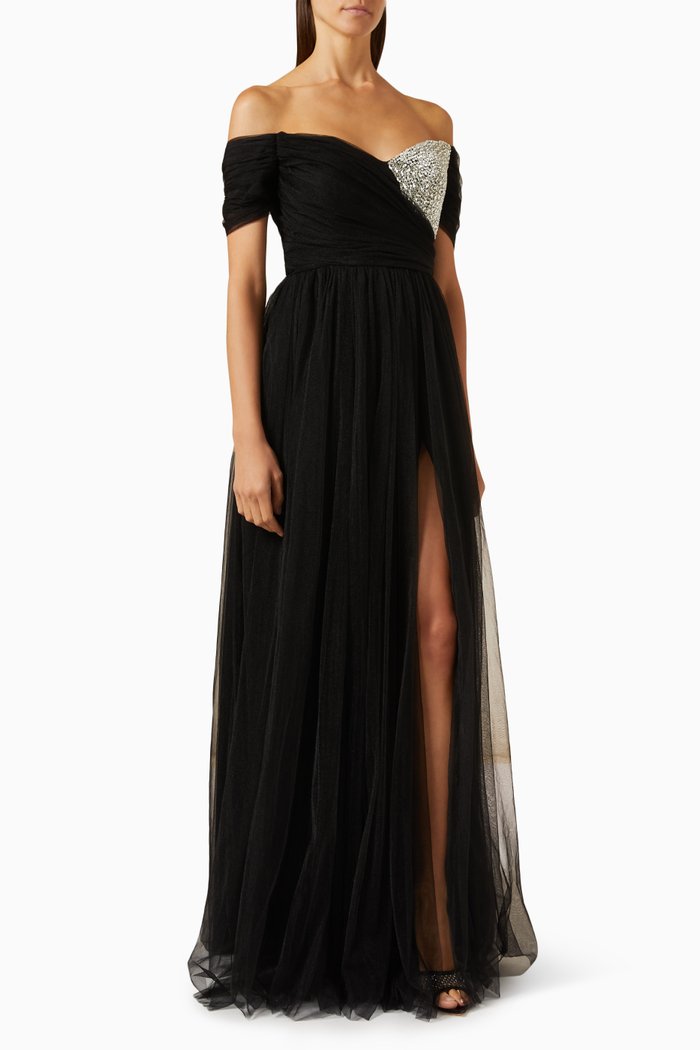 

Crystal-embellished Dress in Tulle, Black
