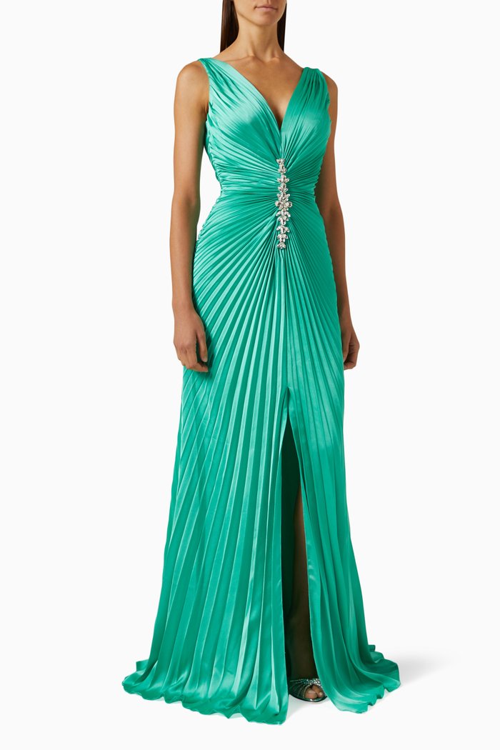

Plisse Crystal-embellished Dress in satin, Green