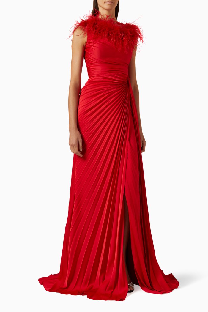 

Plisse Feather-embellished Dress, Red