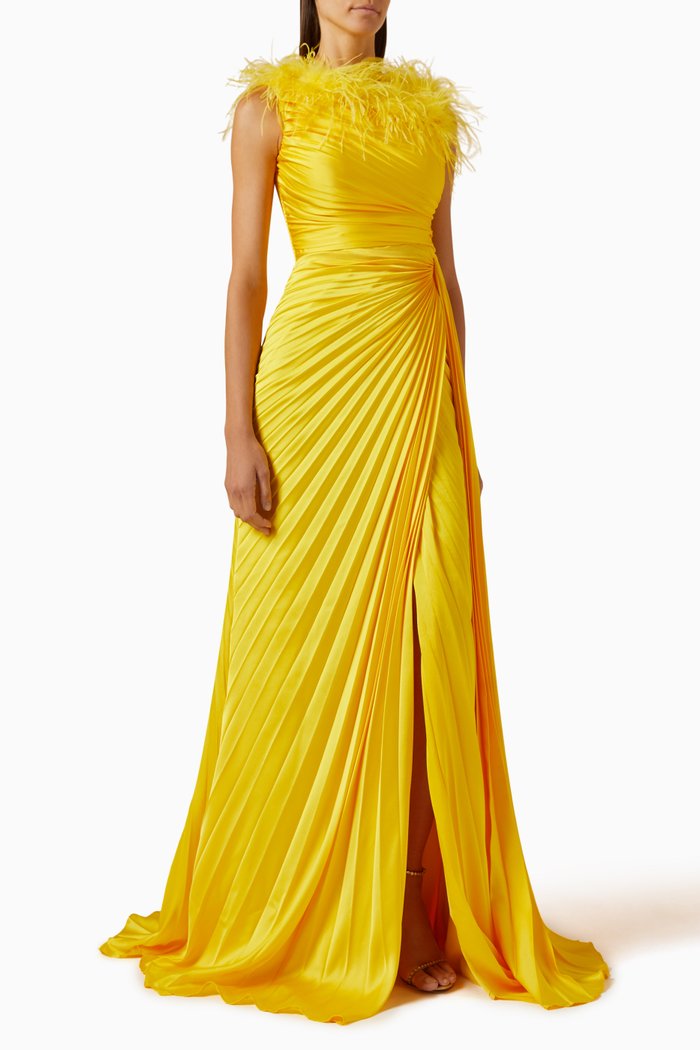 

Plisse Feather-embellished Dress, Yellow