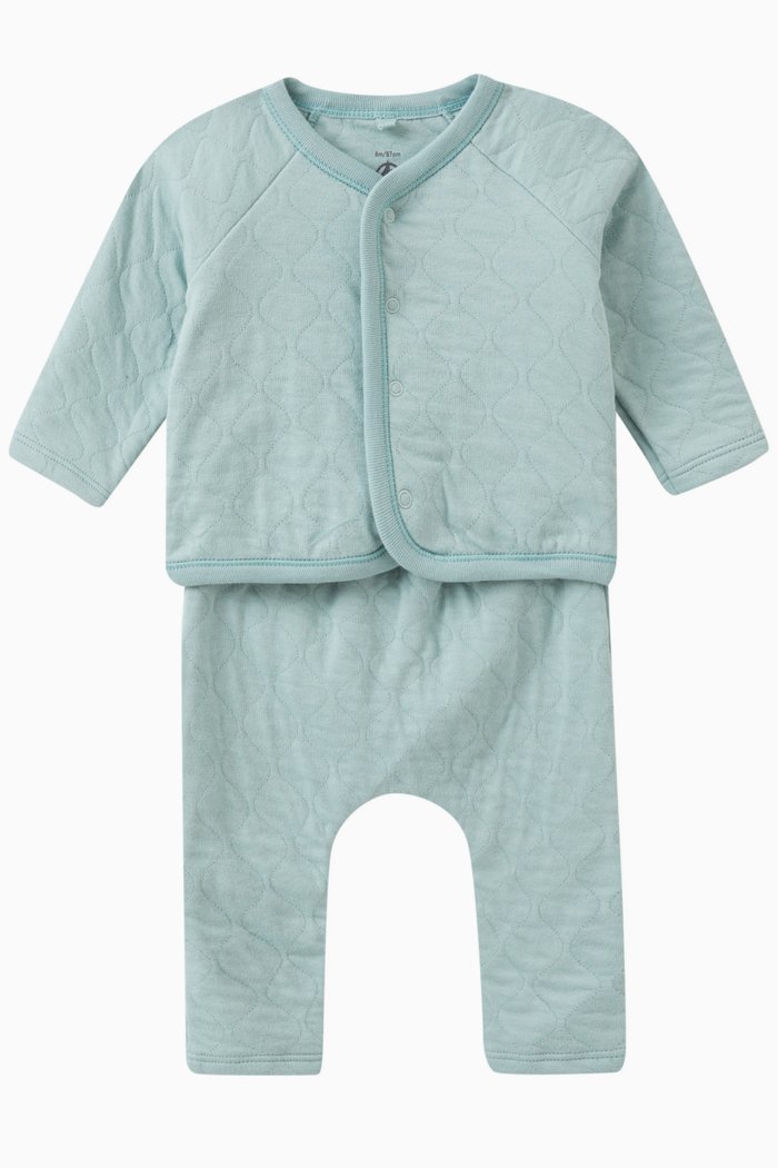 Tube-Knit Jacket and Pants Set in Cotton, Green
