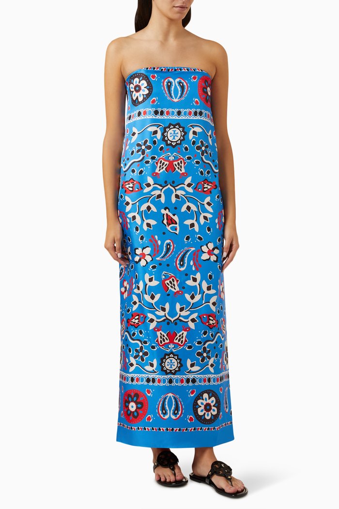 Strapless Printed Maxi Dress in Silk-twill, Blue