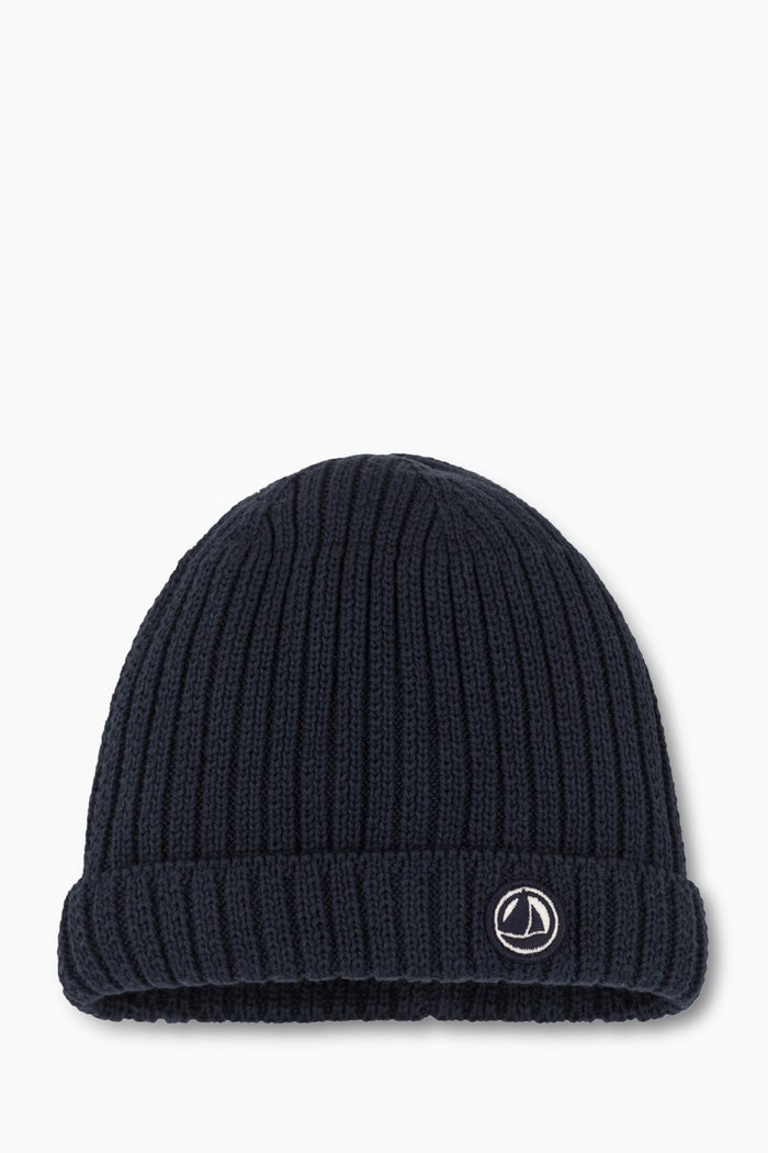 

Embroidered Logo Knit Hat in Organic Cotton, Blue