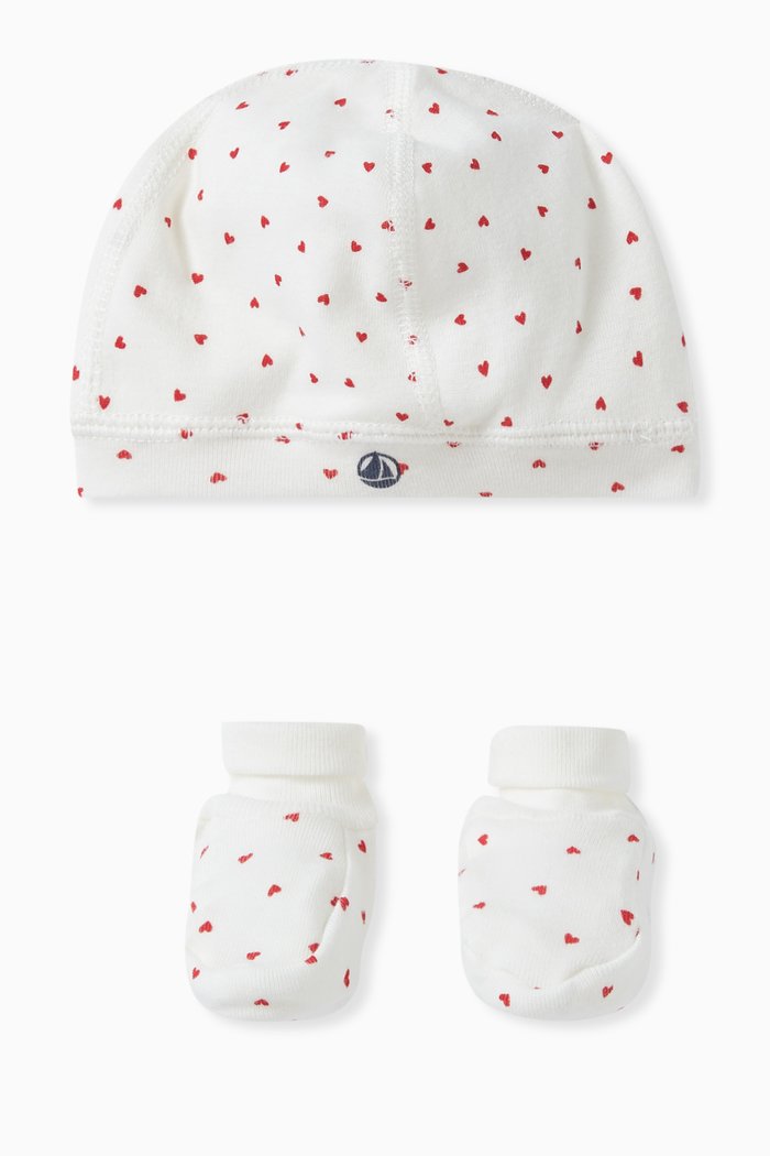 

Heart Patterned Bonnet and Bootees Set in Cotton, Multicolour