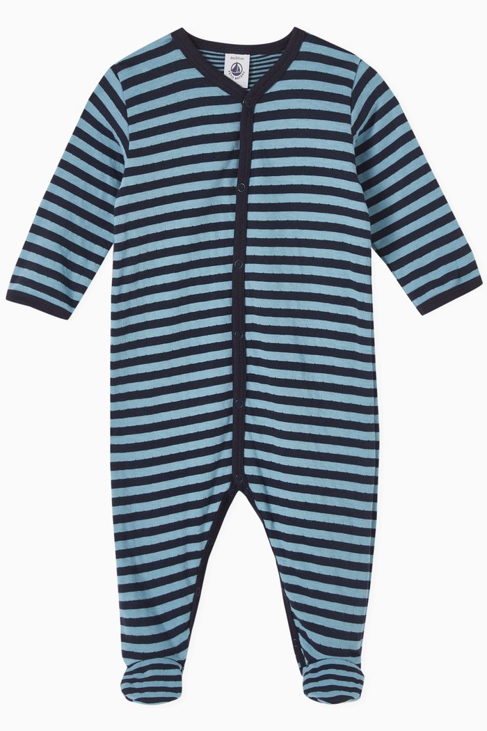 

Stripy Tube-Knit Sleepsuit in Cotton, Blue