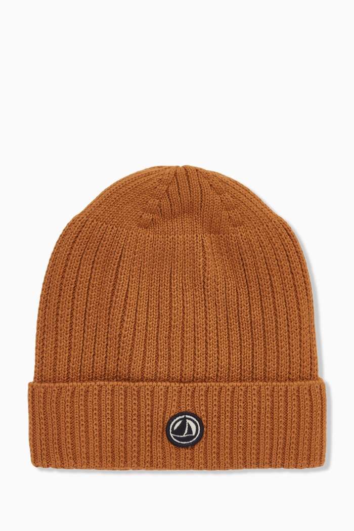 

Embroidered Logo Knit Hat in Organic Cotton, Brown