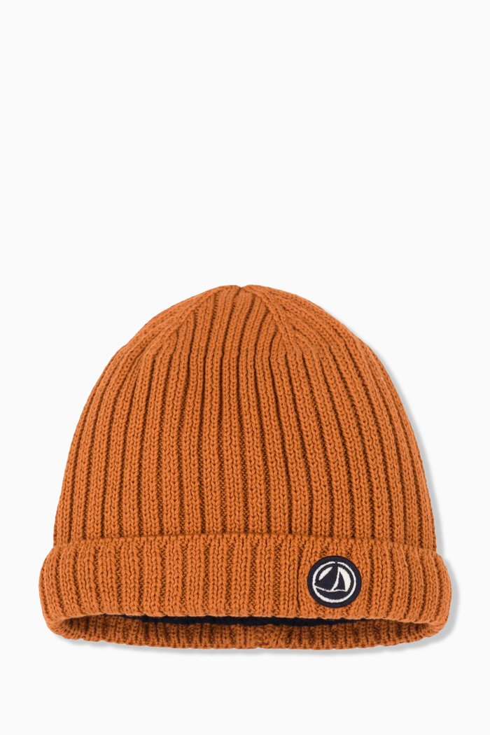 

Embroidered Logo Knit Hat in Organic Cotton, Brown
