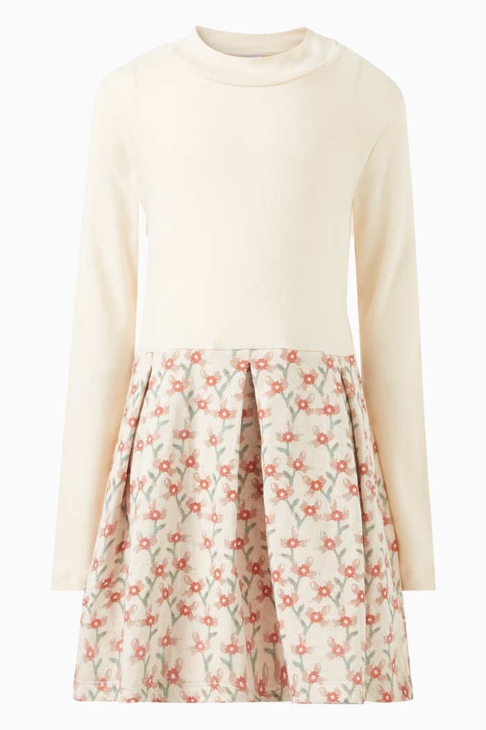 

Long Sleeved Printed Dress in Cotton, White