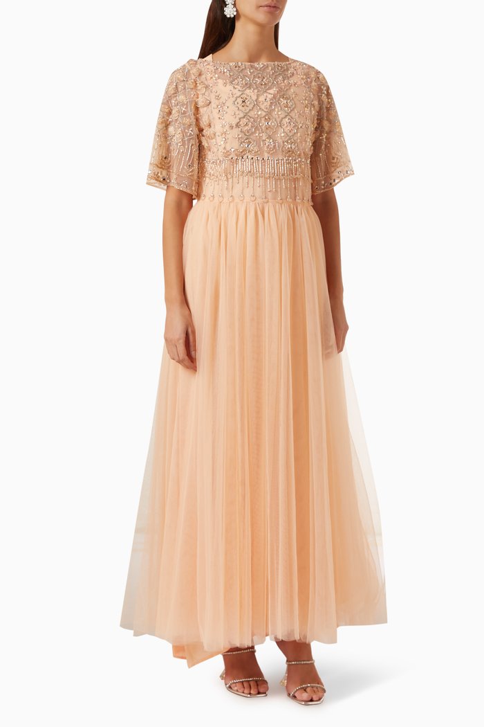

3D Embellished Cape & Kaftan Set in Silk-tulle, Pink