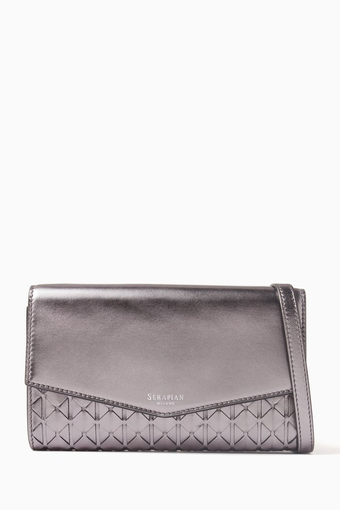 

Pochette Bag with Mirror in Metallic Leather, Silver