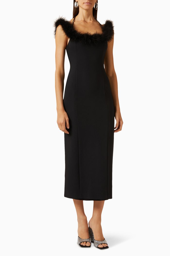 

Feather-trimmed Midi Dress, Black