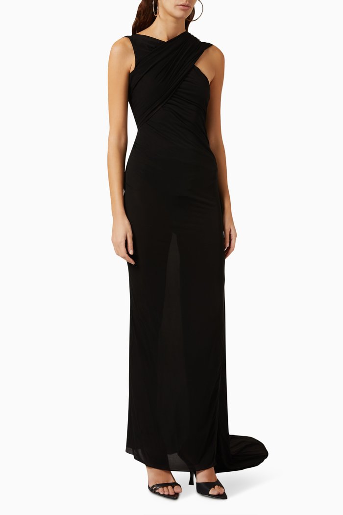 

Fur-trim Maxi Dress in Sheer-jersey, Black