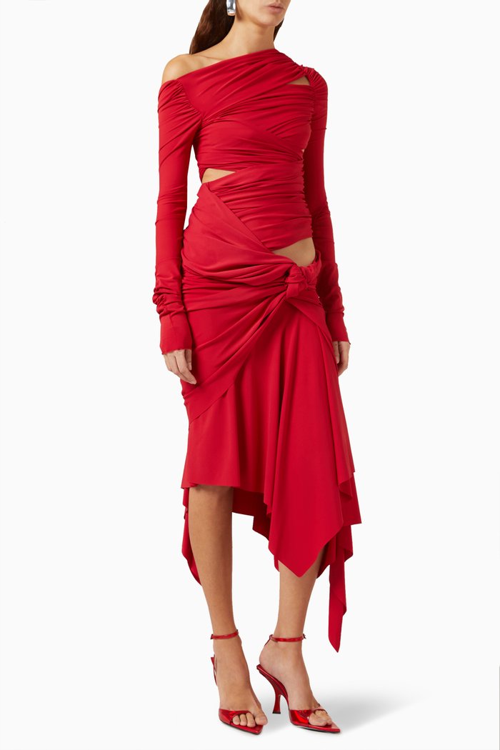 

Ruffled-trim Midi Dress in Stretch-jersey, Red