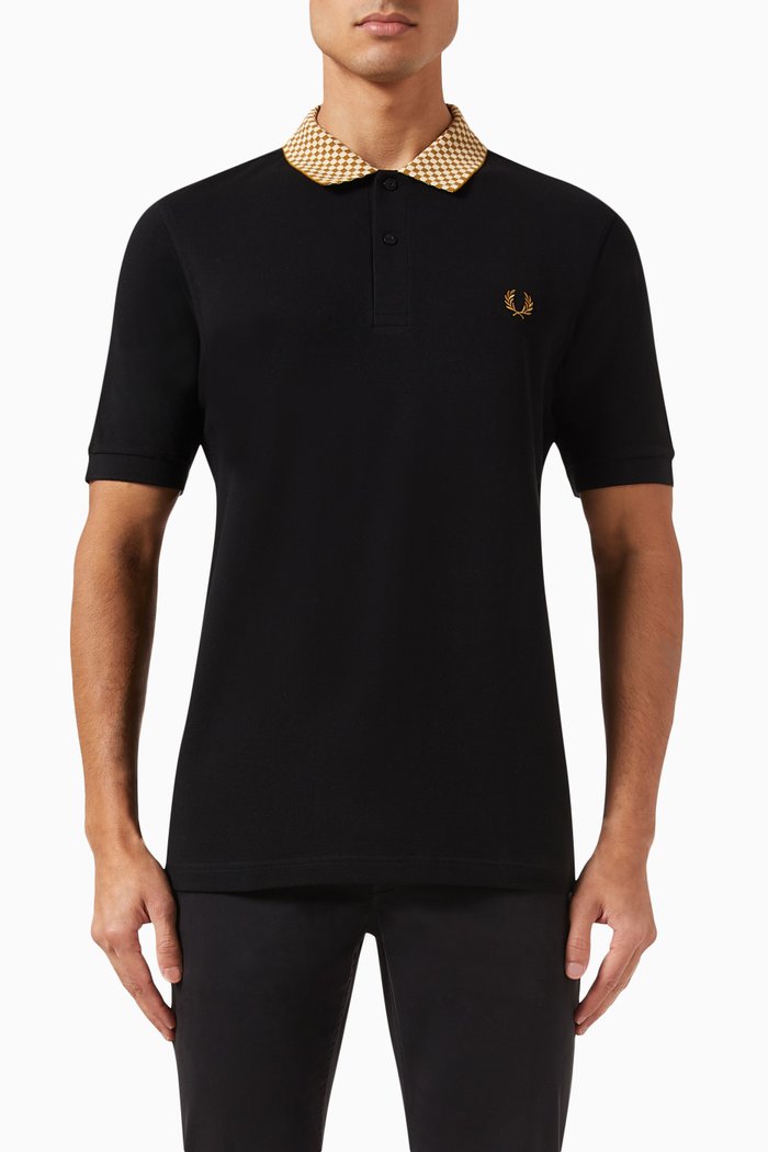 

Chequerboard Collar Polo Shirt in Cotton-piqué, Black