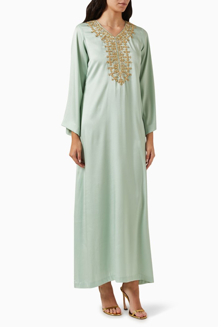 Embroidered Kaftan in Crepe Satin, Green