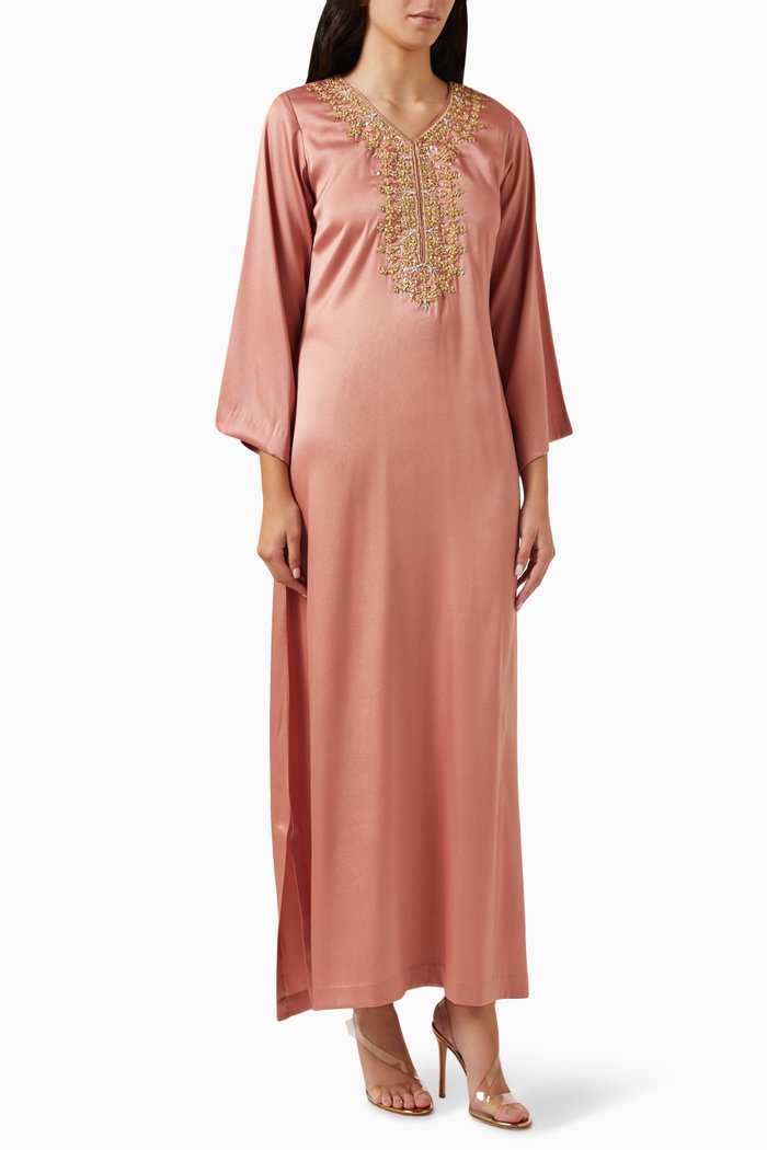 

Embroidered Kaftan in Crepe Satin, Pink