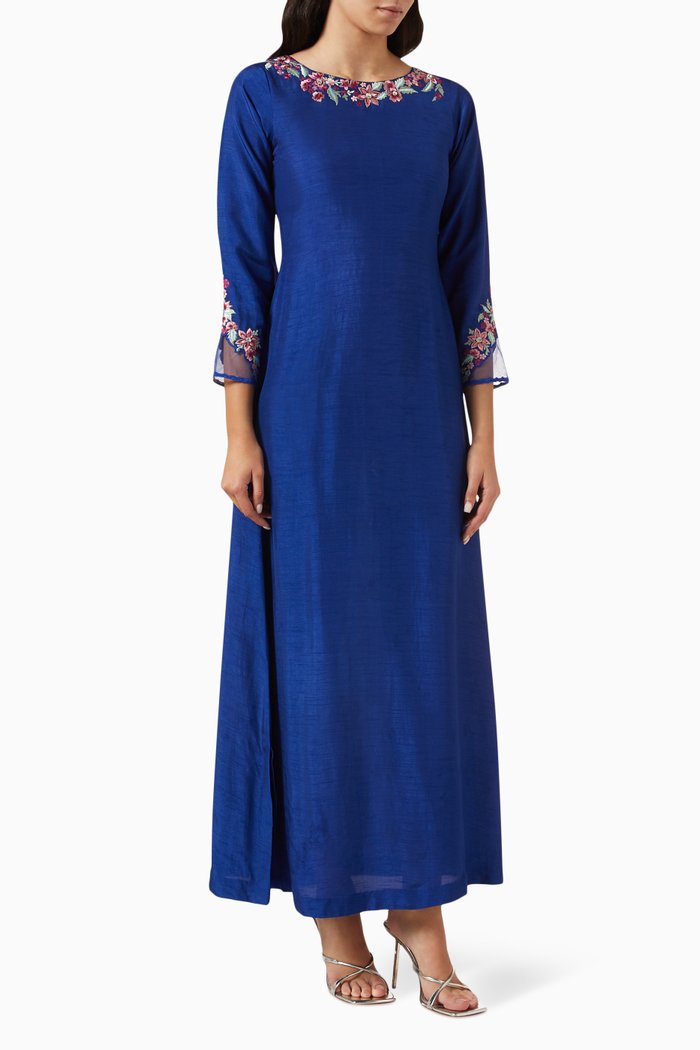 

Embellished Kaftan in Raw Silk, Blue