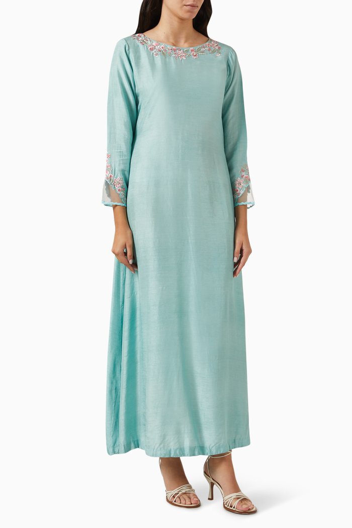 

Embellished Kaftan in Raw Silk, Blue
